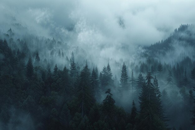 Un brouillard mystérieux s'enroule sur une forêt sombre.