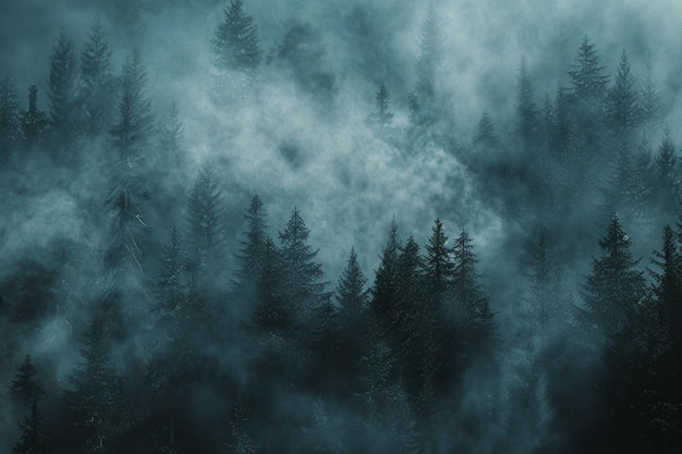 Un brouillard mystérieux s'enroule sur une forêt sombre.