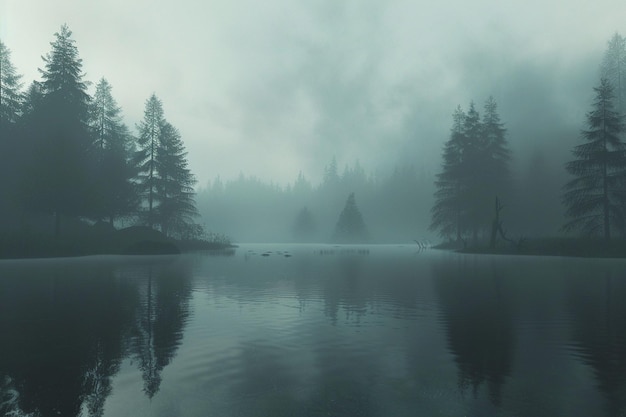 Un brouillard mystérieux se roule sur un lac hanté octa