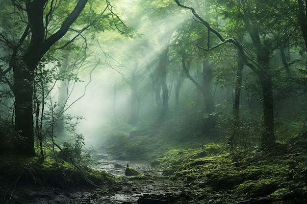 Un brouillard mystique enveloppe une scène de forêt tranquille