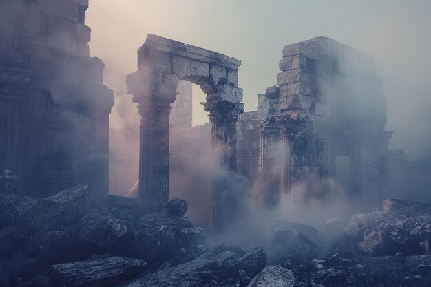 Un brouillard mystique recouvre les ruines anciennes.