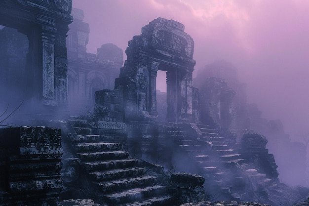 Un brouillard mystique recouvre les ruines anciennes.