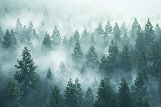 Le brouillard mystique se tisse à travers les arbres de la forêt.