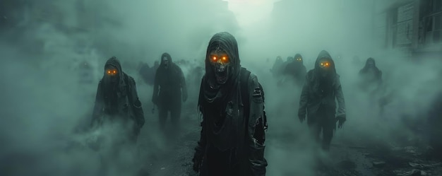 Un brouillard surnaturel sur une ville avec des silhouettes de zombies et la lueur de leurs yeux perçant à travers