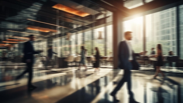 Photo brouiller les gens d'affaires dans un bureau moderne se précipitant dans un style de vie urbain en arrière-plan de la ville