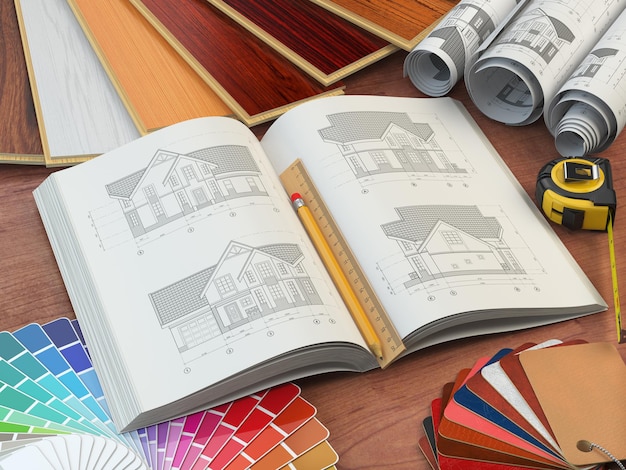 Brouillons de la palette de couleurs des échantillons de bois de la maison et des échantillons de cuir Design d'intérieur et concept de construction