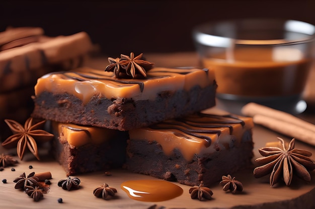 Un brownie au caramel avec des épices décoratives, de la cannelle, de l'anis étoilé et du clou de girofle