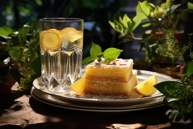 Un brownie au citron sur une assiette en verre avec vue sur un jardin luxuriant génératif IA