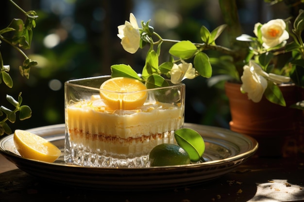 Un brownie au citron sur une assiette en verre avec vue sur un jardin luxuriant génératif IA