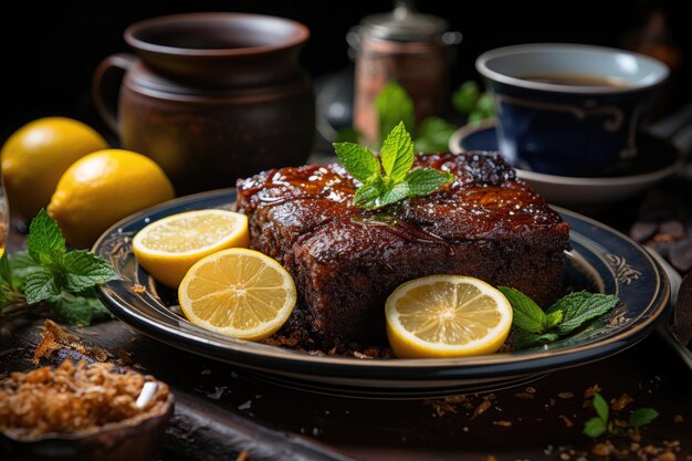 Brownie au gingembre avec garniture au citron et thé IA génératif