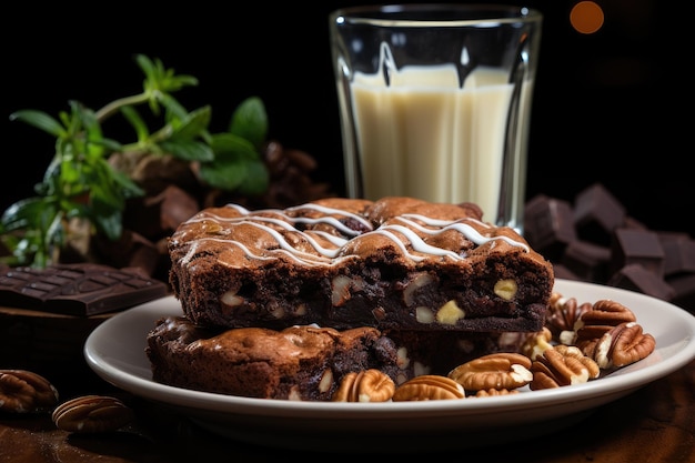 Brownie aux noix à côté d'un verre de lait froid génératif IA