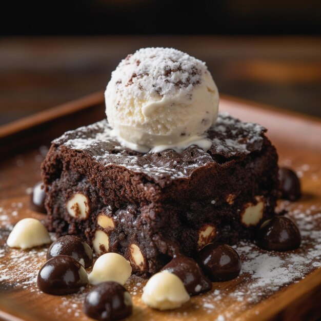 Un brownie avec une boule de glace à la vanille dessus.