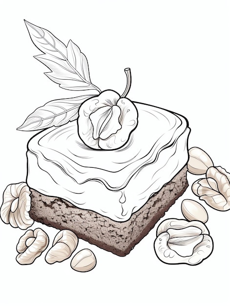 Brownie carré avec noix délicieux dessert page de coloriage en noir et blanc pour adultes et