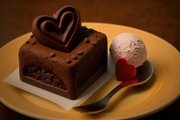 Brownie en forme de cœur avec un cœur miniature sur le dessus en chocolat créé avec une IA générative