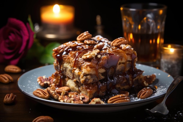 Brownie à la pomme avec de la cannelle dans un café avec une décoration vintage avec des tables en marbre IA générative