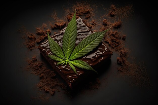 Brownies au cannabis avec une feuille de cannabis sur fond noir et présentés avec goût