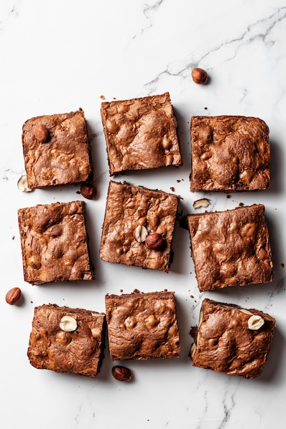 Brownies au chocolat aux noisettes sur fond de marbre composition à plat