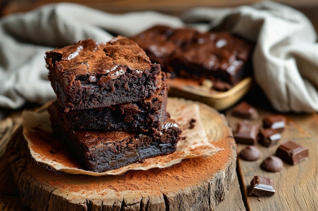 Des brownies au chocolat faits maison et une tasse de thé sur un plat.