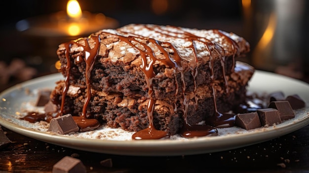 des brownies au chocolat remplis de chocolat sucré fondu sur fond noir et flou