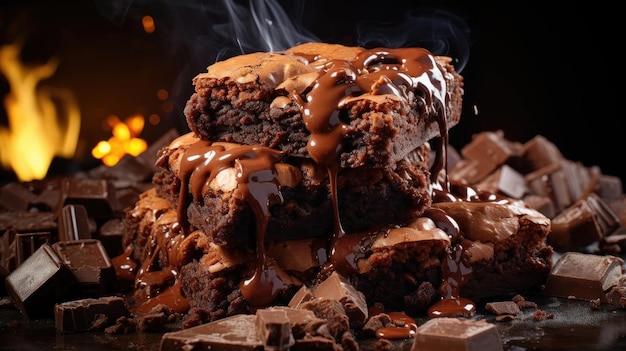 Brownies au chocolat sucrés avec du chocolat fondu et une pincée de poudre de cacao