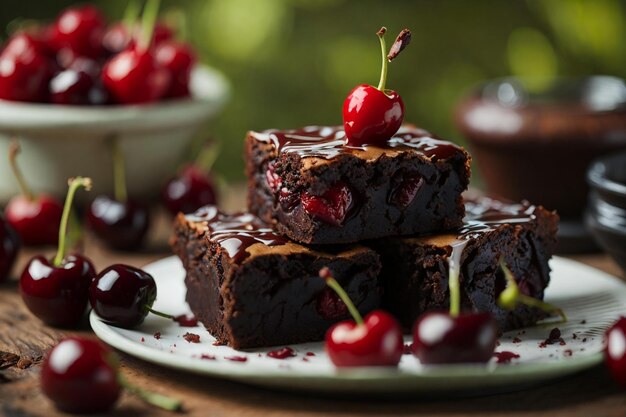 Photo brownies avec des cerises décoratives sur une table en bois