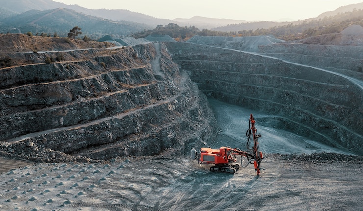 Broyeur de pierres rouges sur une terrasse de carrière de gravier. Paysage industriel, aucun peuple