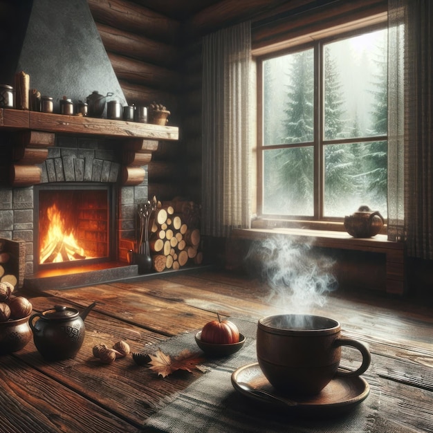 Photo brûlement de cheminée et de boisson chaude et chute de neige dans la forêt générée par l'ia