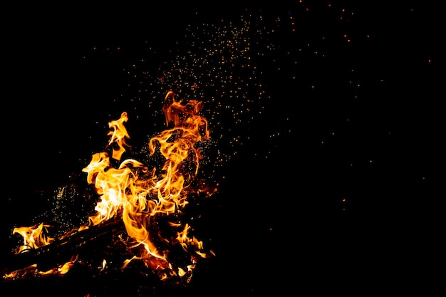 Photo brûler des bois avec des feux, des flammes et de la fumée. étranges figures de feu élémentaires étranges et étranges. charbon et cendres. feu de joie en plein air sur la nature.