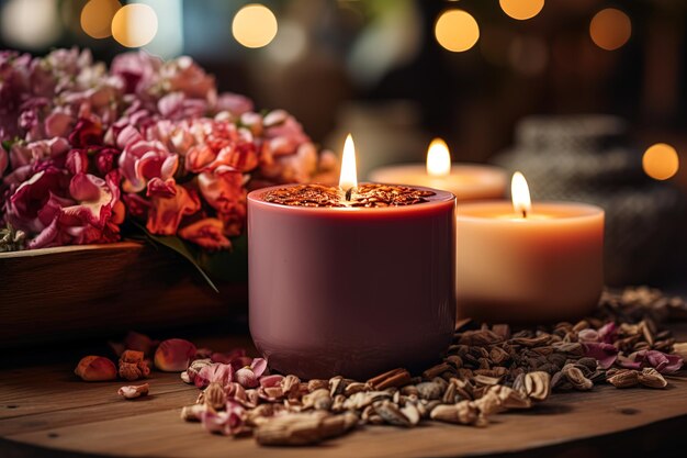 brûler des bougies aromatiques avec des fleurs sèches sur une table en bois sur un fond flou