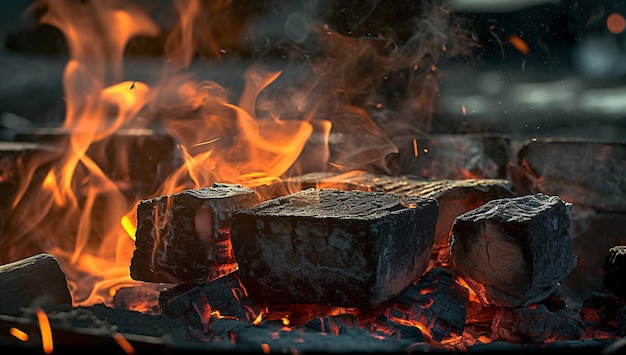 Brûler des charbons ardents au feu avec des flammes