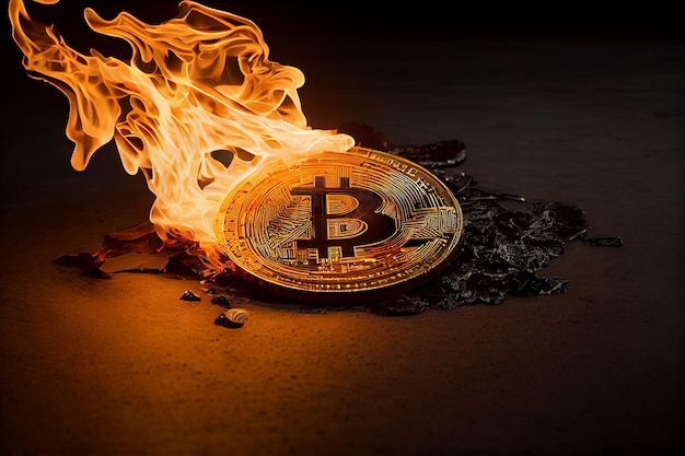 Brûler dans le feu bitcoin doré sur fond noir