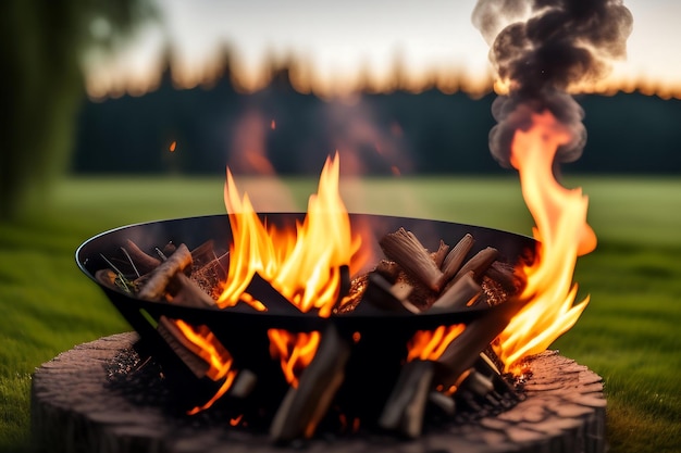 Brûler du bois de chauffage et des braises dans un brasero métallique sur fond d'herbe verte Feu de flammes