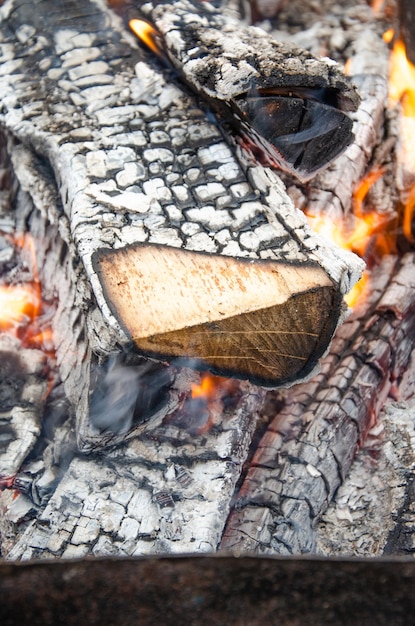 Brûler du bois de chauffage dans les braises et les flammes lumineuses du gril