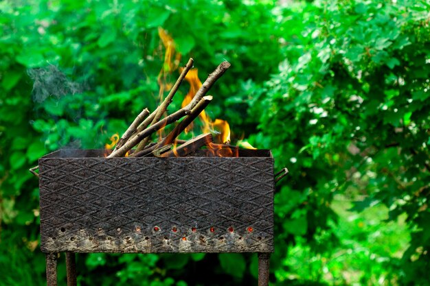 Brûler du bois de chauffage dans un brasero dans le jardin avec des flammes de feu jaunes à l'extérieur