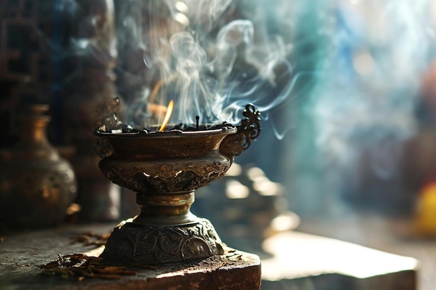 un brûleur d'encens assis au sommet d'une table en bois