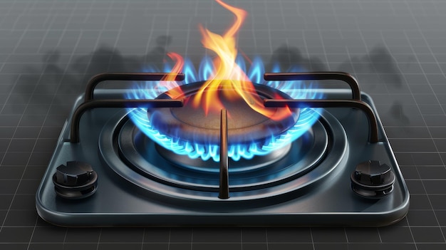 Photo brûleur de gaz à flamme bleue avec grilles d'acier noir poêle de cuisine avec plaques de cuisson allumées et éteintes illustration réaliste moderne de la combustion du propanebutane dans le four