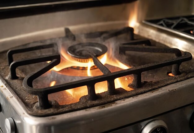 Photo le brûleur à gaz sur le poêle sale est en feu d'un brûleur de gaz flamme bleue de l'ordinateur de poêle à gaz poêle sales