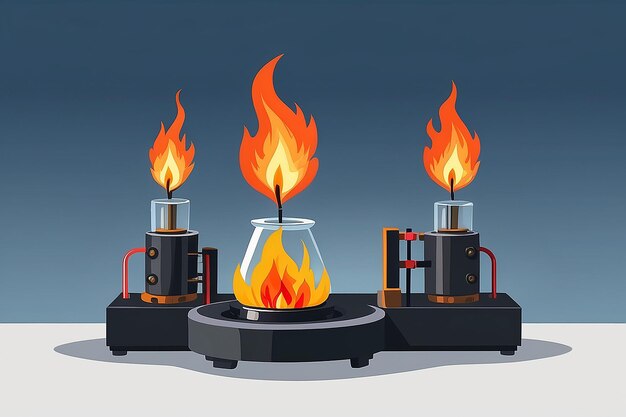Des brûleurs Bunsen avec des flammes montrant une illustration vectorielle d'expérience active dans un style plat