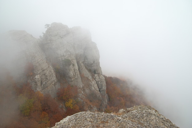 Brume dans les montagnes-paysage avec nuages et rochers