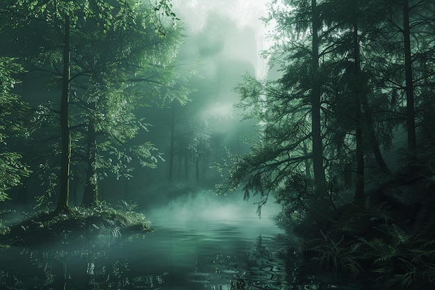Une brume énigmatique enveloppe une forêt dense.
