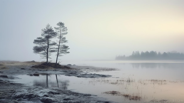 La brume d'hiver sur un lac de mer calme Un fond de lac de mer tranquille