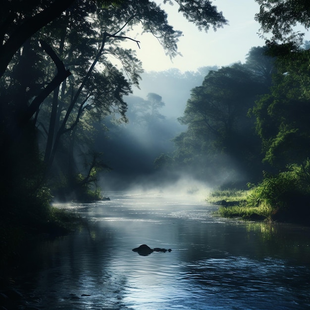 Une brume matinale calmante s'élève sur une rivière tranquille