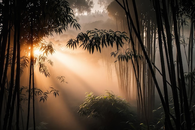 Brume matinale sur la forêt de bambous avec le lever du soleil traversant les nuages