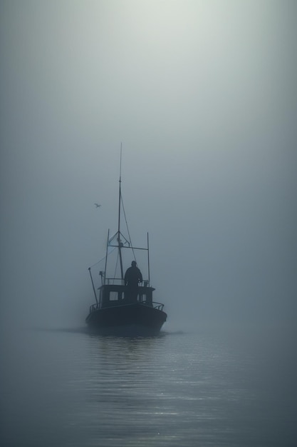 Brume matinale sur l'océan Un bateau de pêche au lever du soleil