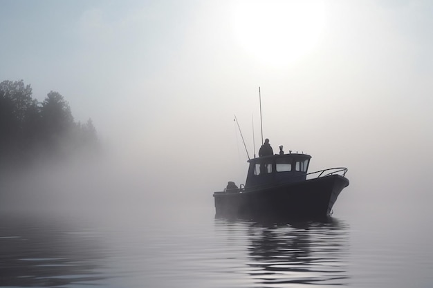 Brume matinale sur l'océan Un bateau de pêche au lever du soleil