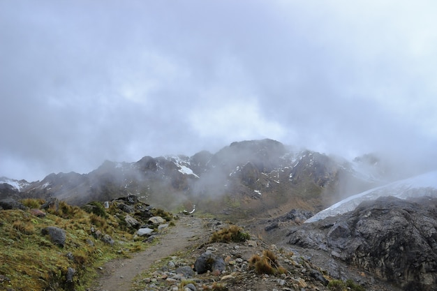 brume qui tombe sur la route dans la neige