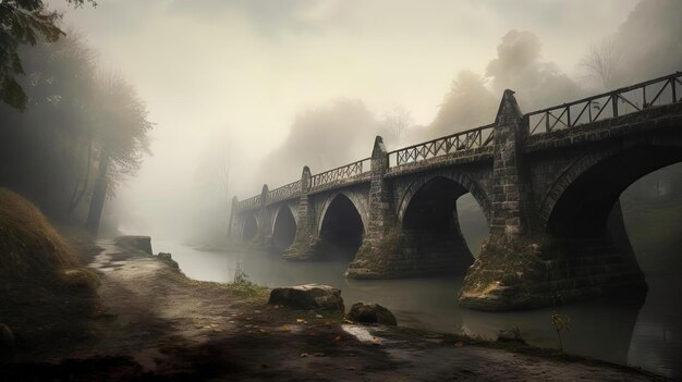 brume s'élevant sur un vieux pont au début de mons dans le style d'octane render