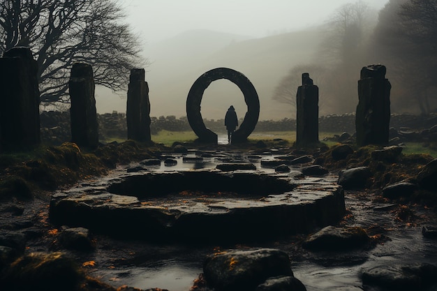Photo une brume tourbillonnante enveloppant un mystérieux cercle de pierres généré par l'ia