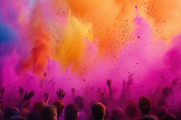 Une brume vibrante de poussière rose et orange sur un rassemblement extérieur exubérant