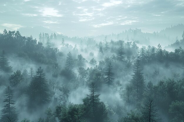 Des brumes se roulent à travers une forêt brumeuse.